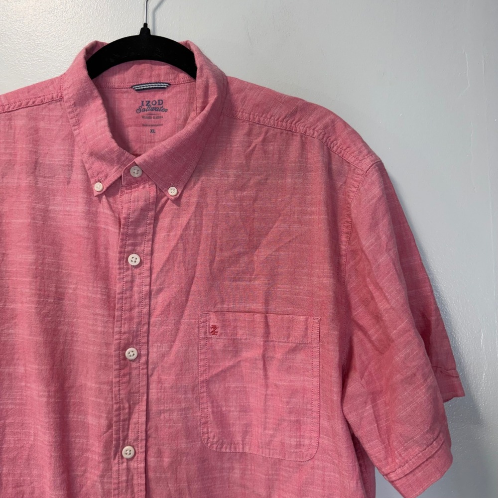 Izod Saltwater Dockside Chambray Shirt Mens XL Pink Short Sleeve Button Down